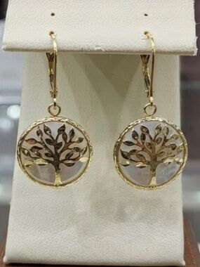 🌟 Solid 14K YG Celtic MOP Tree of Life Lever-back Dangle Earrings 🌟